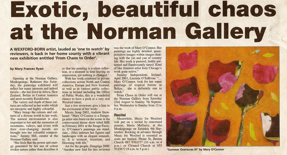 Exotic, beautiful Chaos at the Norman Gallery, Wexford Echo Newspaper article on Mary O'Connor